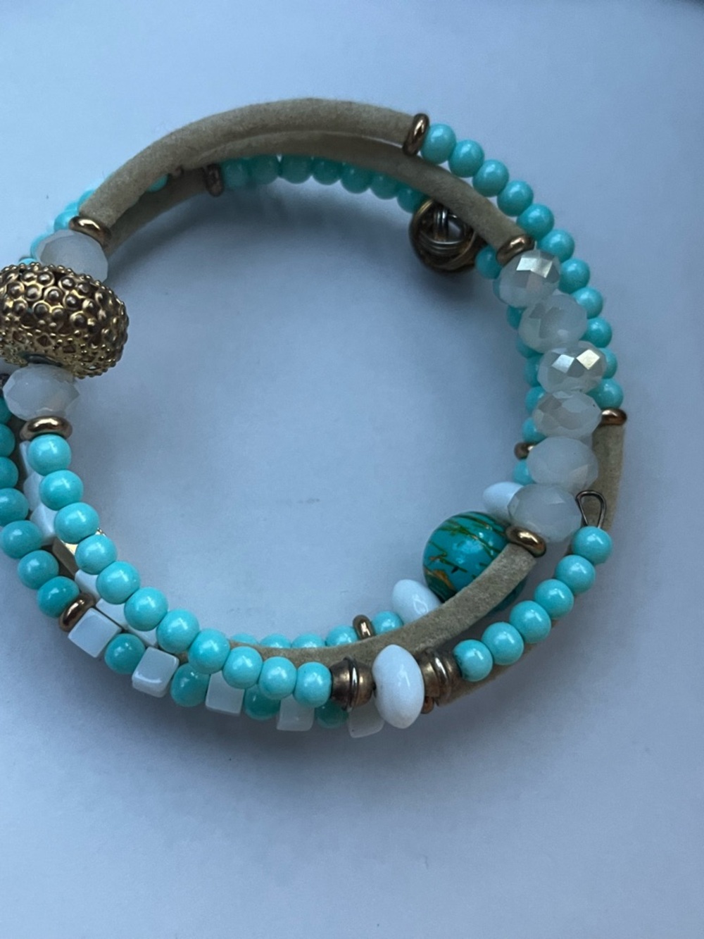 Turquoise Color Glass/Acrylic/Mixed Metal Beaded Wrap Bracelet - Unbranded